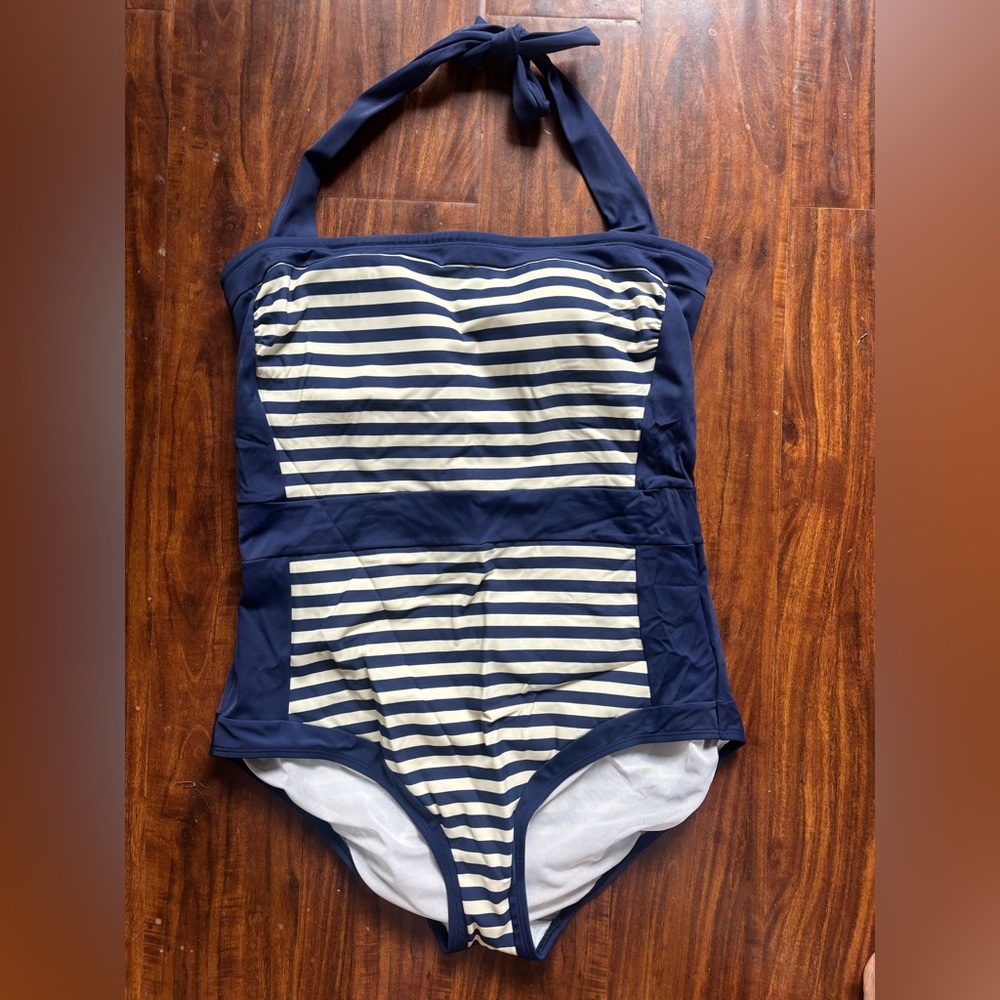 Boden Santorini Halter Swimsuit-Blue and white stripe US 14L
